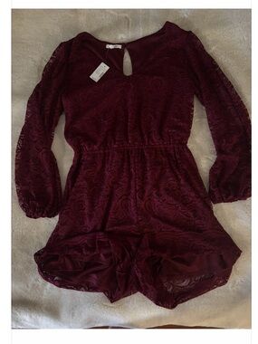 Maurices Burgundy Lace Long Sleeve Romper